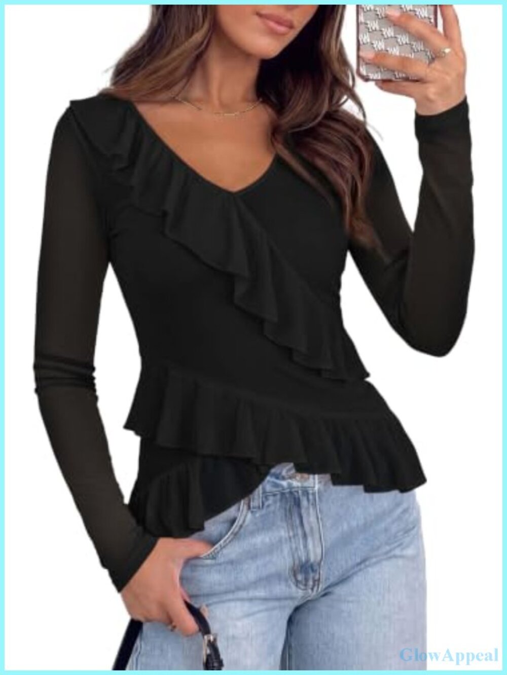 Womens Ruffle V-Neck Mesh Long Sleeve Top